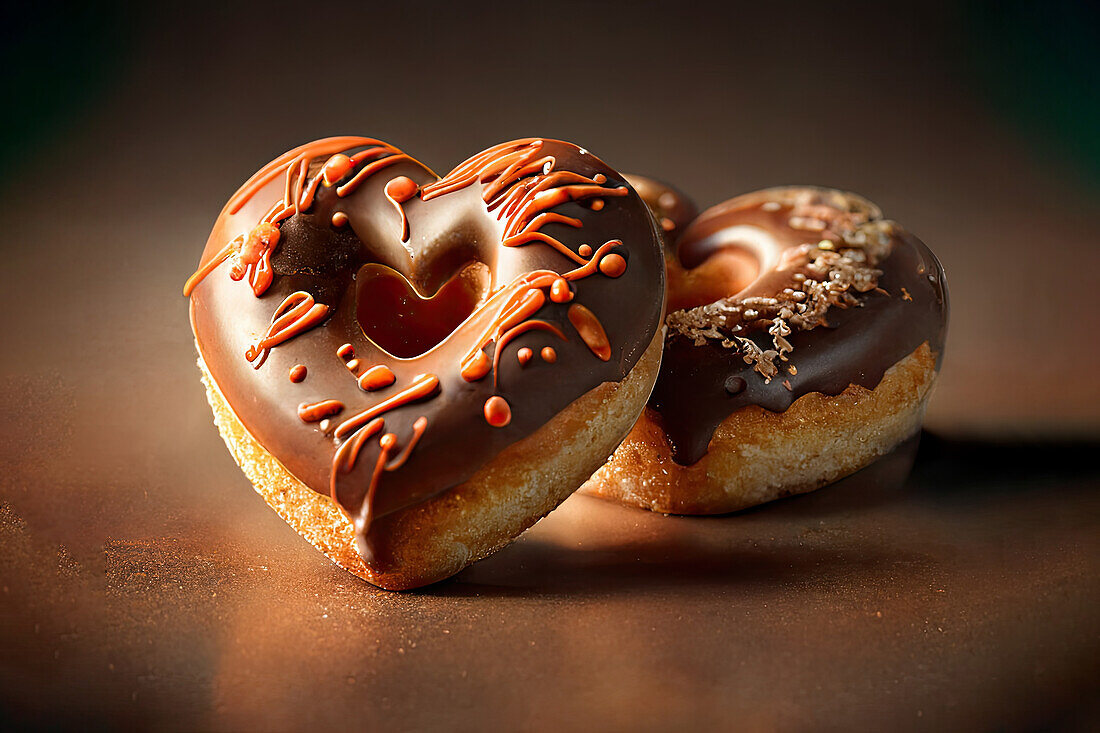 Generative AI illustration of sweet heart shaped doughnuts with chocolate glaze placed on brown table