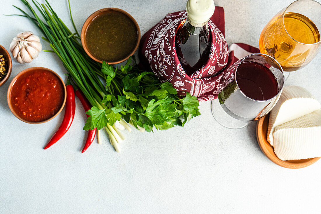 Traditional Georgian food concept with spices, sauces and wines on concrete table