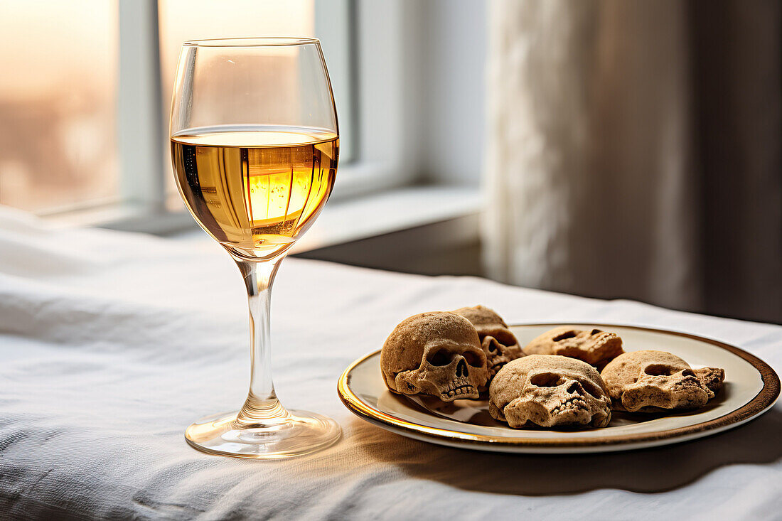 From above a delicious plate of cookies paired with a glass of wine for Halloween party created with Generative AI technology