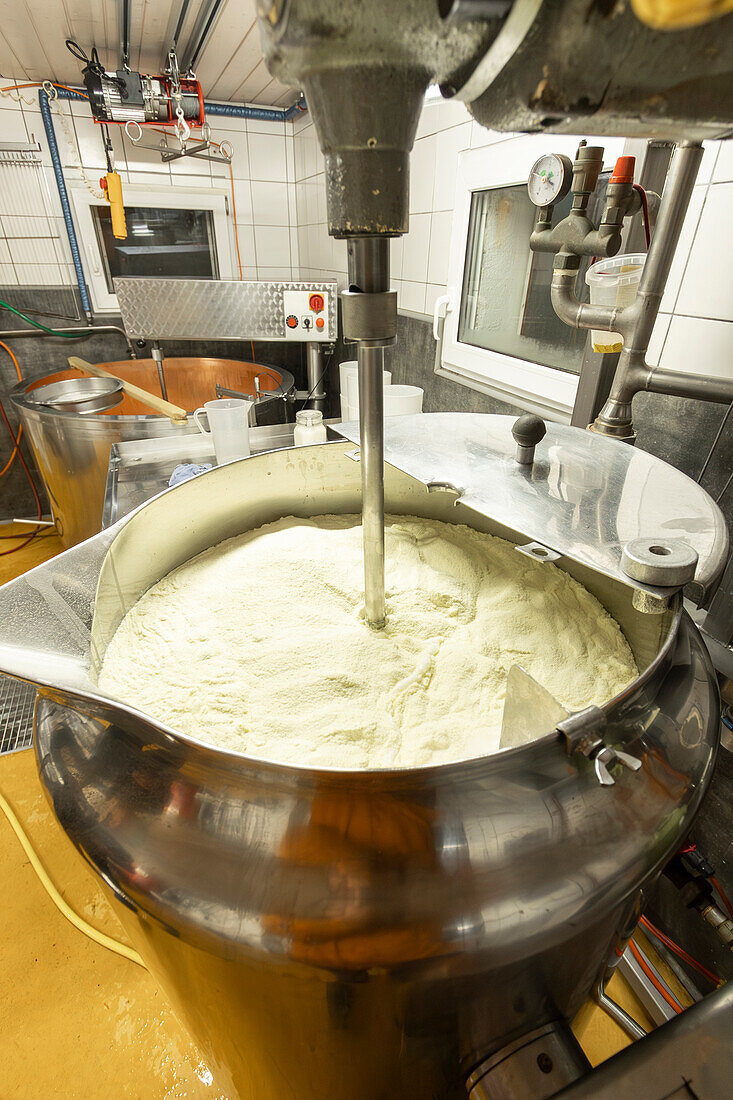 Ein Käser beaufsichtigt die gerinnende Milch in einem großen Edelstahlbehälter während des Käseherstellungsprozesses