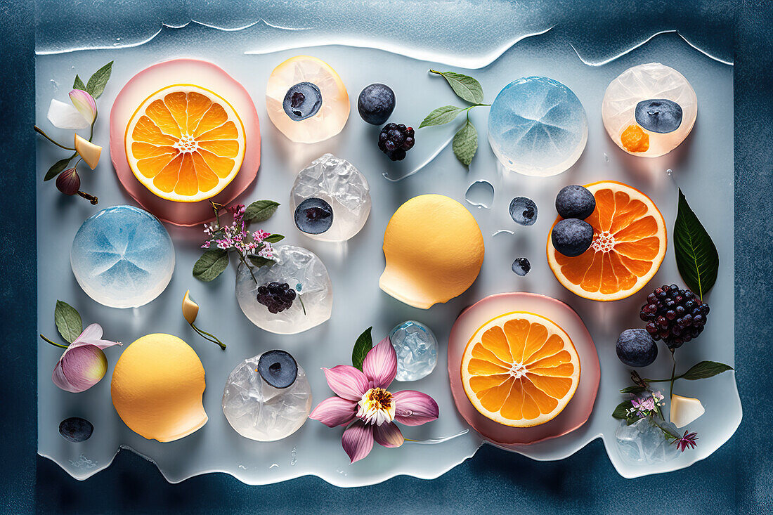 Hintergrund von schönen Fruchtscheiben auf gefrorener Oberfläche mit Eisformen und Blumen und Blättern. Generative AI