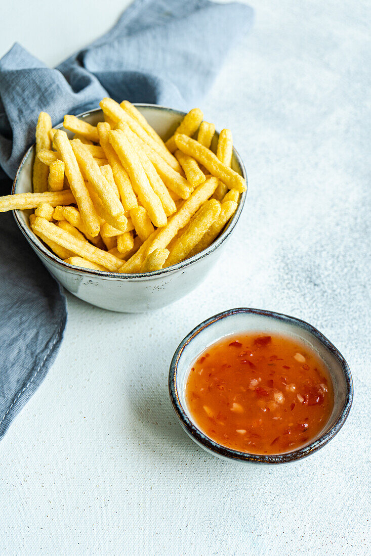 High angle of ceramic bowls with French fries and sour sweet sauce placed on white surface near napkin