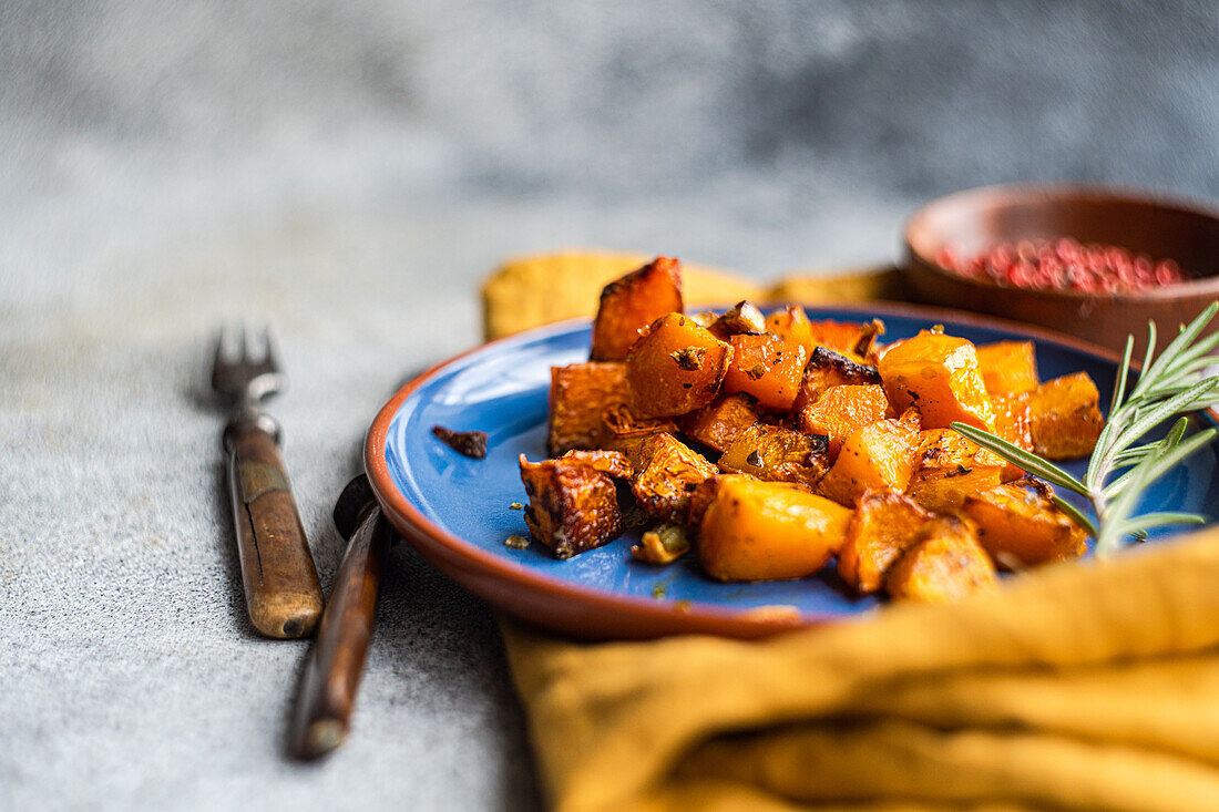 Baked spicy pumpkin cubes served on blue ceramic plate on the table