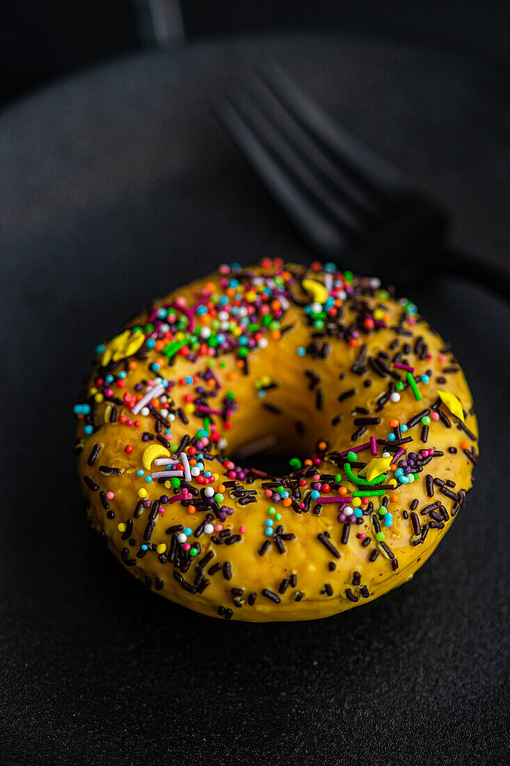High angle of sweet banana donut with colorful sprinkles placed on black plate with fork against dark surface