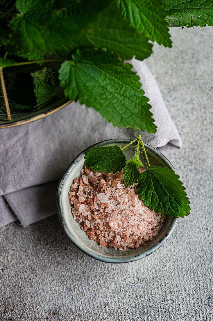 From above of vegan cooking concept showcasing fresh nettle leaves in a metal colander, alongside a bowl of Himalayan pink salt and oil on a gray background