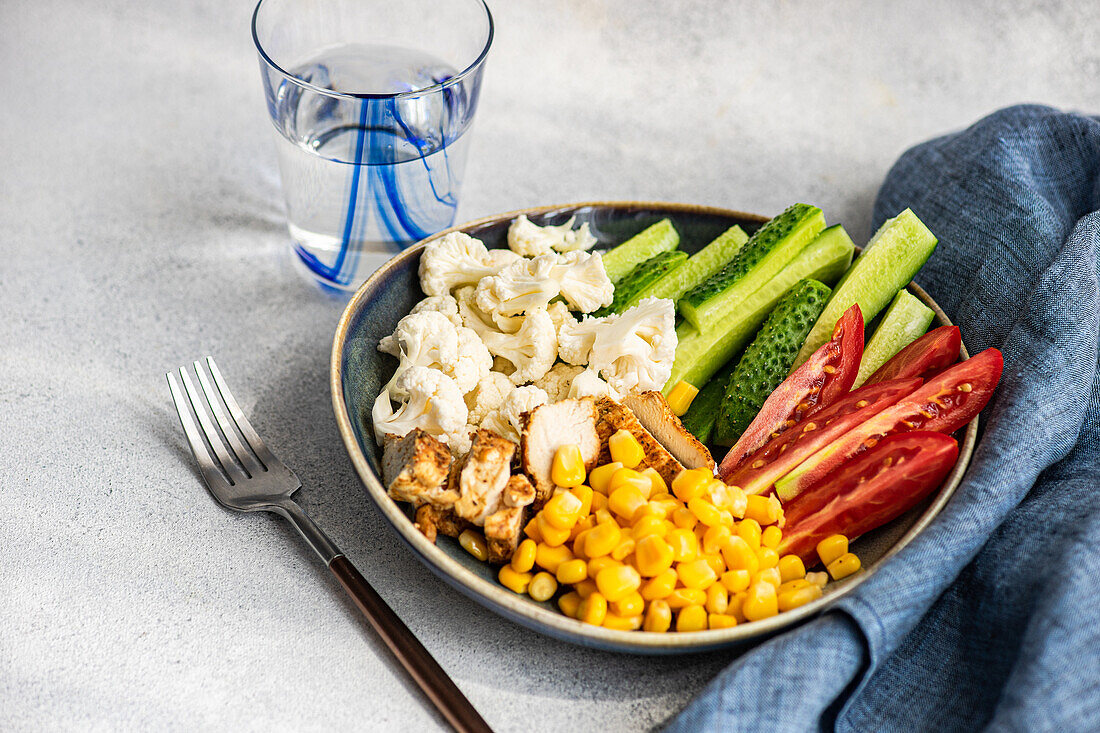 High angle of five ingredients bowl with raw organic vegetables cauliflower, tomato, cucumber, boiled sweet corn and barbeque chicken meat placed on gray surface near napkin, glass and fork