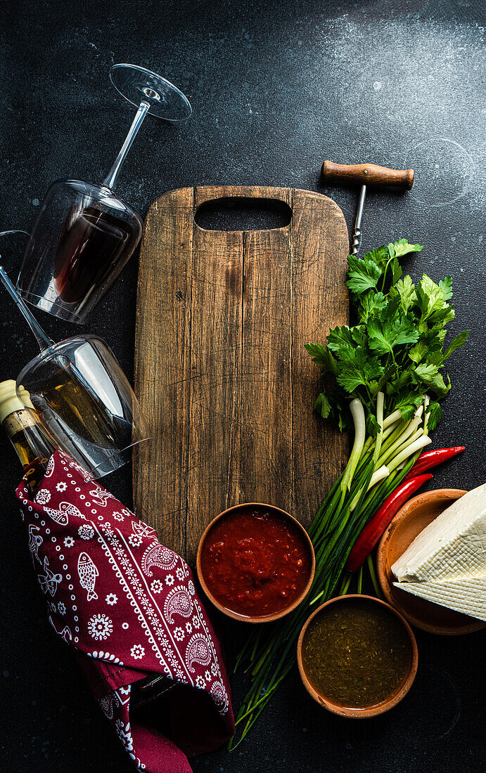 Traditional Georgian food concept with spices, sauces and wines on dark concrete table