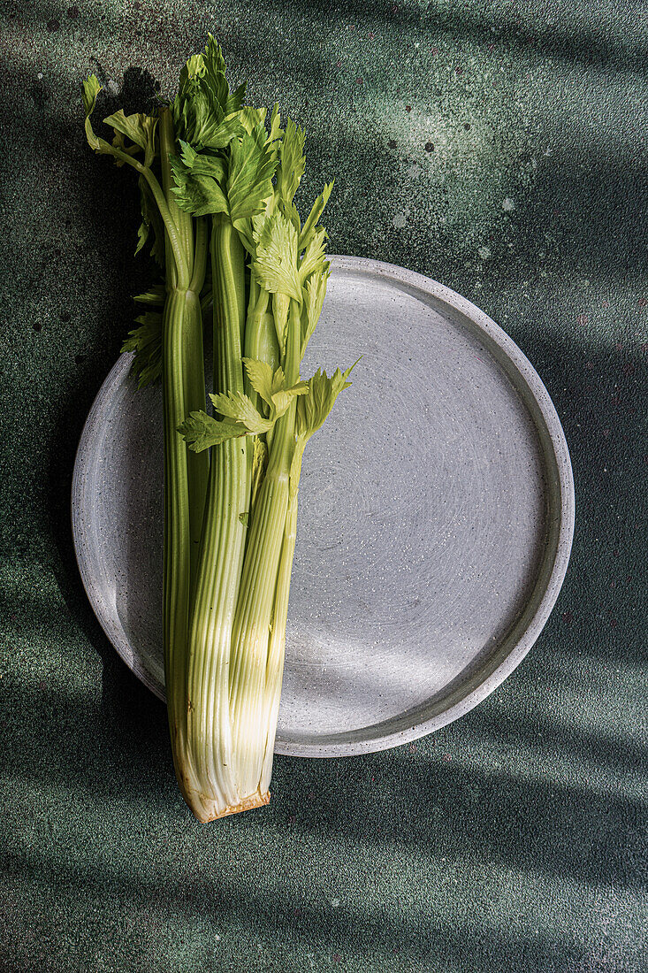 Top view of fresh raw celery vegetable on concrete table in sunny day