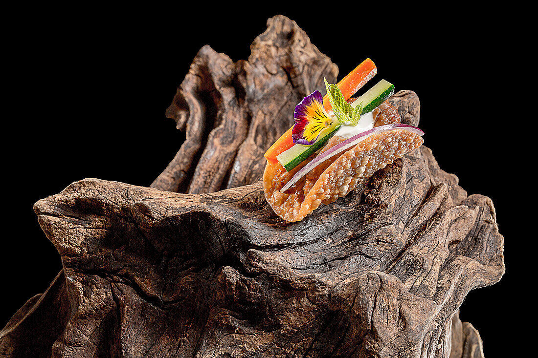 Appetitanregender Taco mit Karotten- und Gurkenscheiben, dekoriert mit Zwiebeln und Blumen auf Soße auf einer rauen Holzoberfläche vor schwarzem Hintergrund