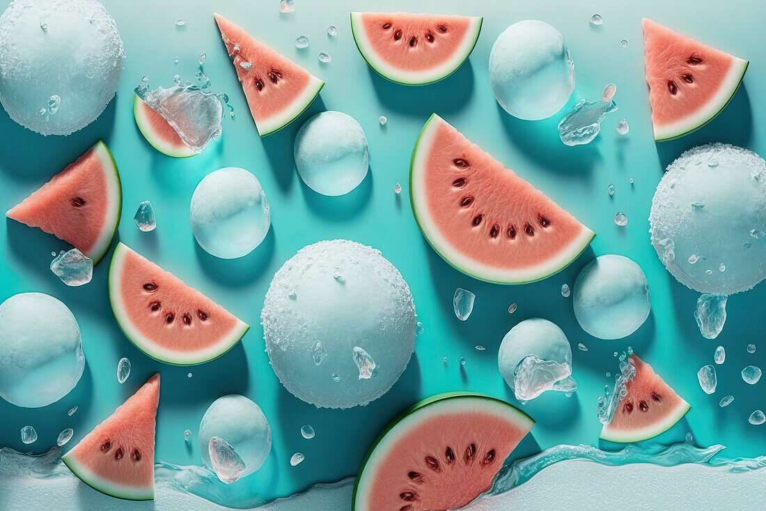 Hintergrund der schönen Wassermelone Fruchtscheiben auf gefrorenen Oberfläche mit Eis Formen. Generative AI