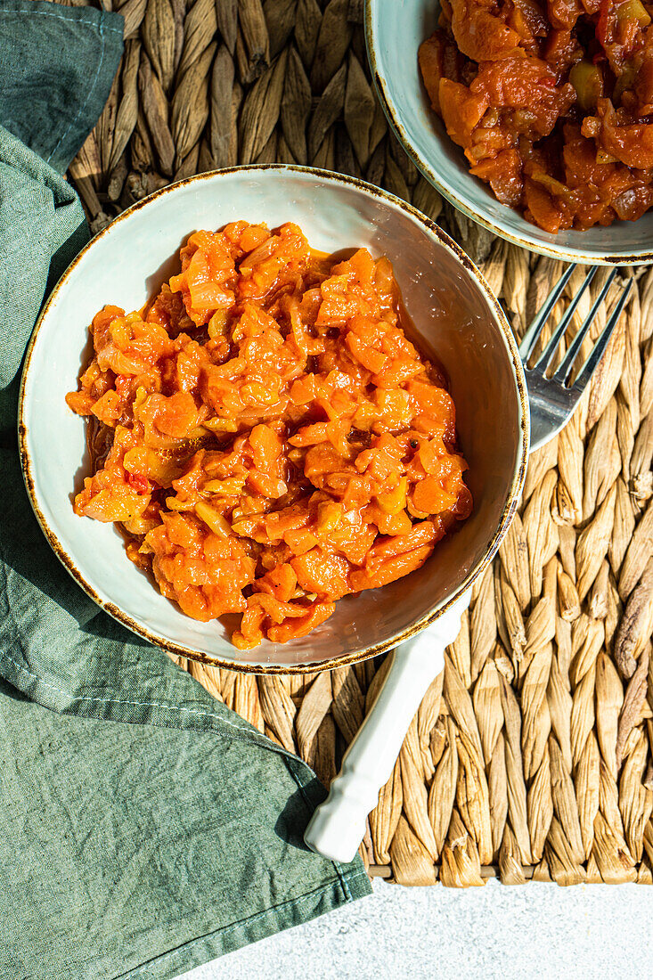 Draufsicht auf einen Gemüseeintopf aus Kartoffeln, Karotten, Paprika und Tomaten, serviert in einer Schüssel auf einem Betontisch