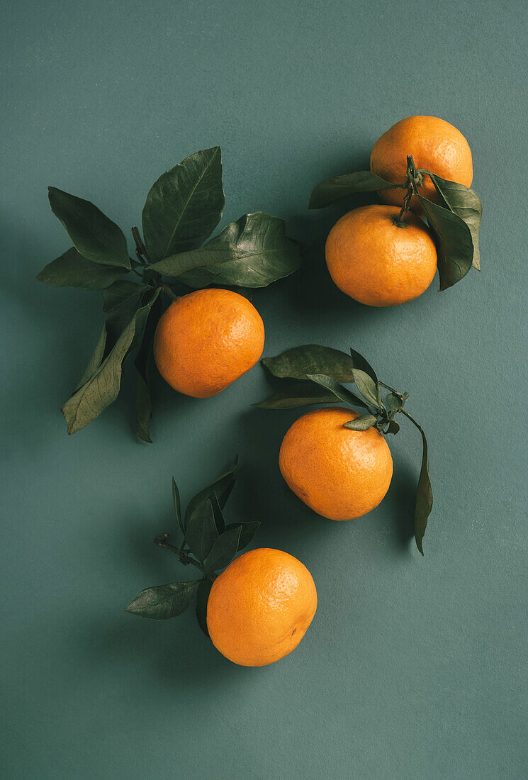 Tangerines with rich green leaves arranged on a cool gray backdrop, evoking a calm, fresh feel.