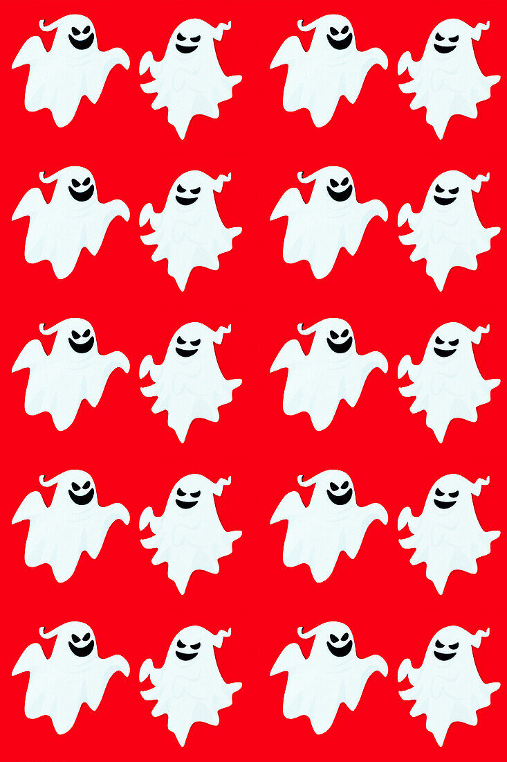 Seamless vector illustration of smiling cartoon ghosts placed in parallel rows against vivid red backdrop