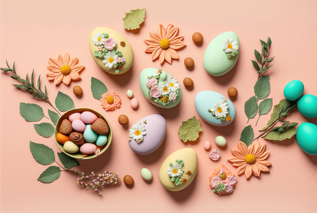 From above composition of different colorful eggs and flowers on bowl on pastel color background
