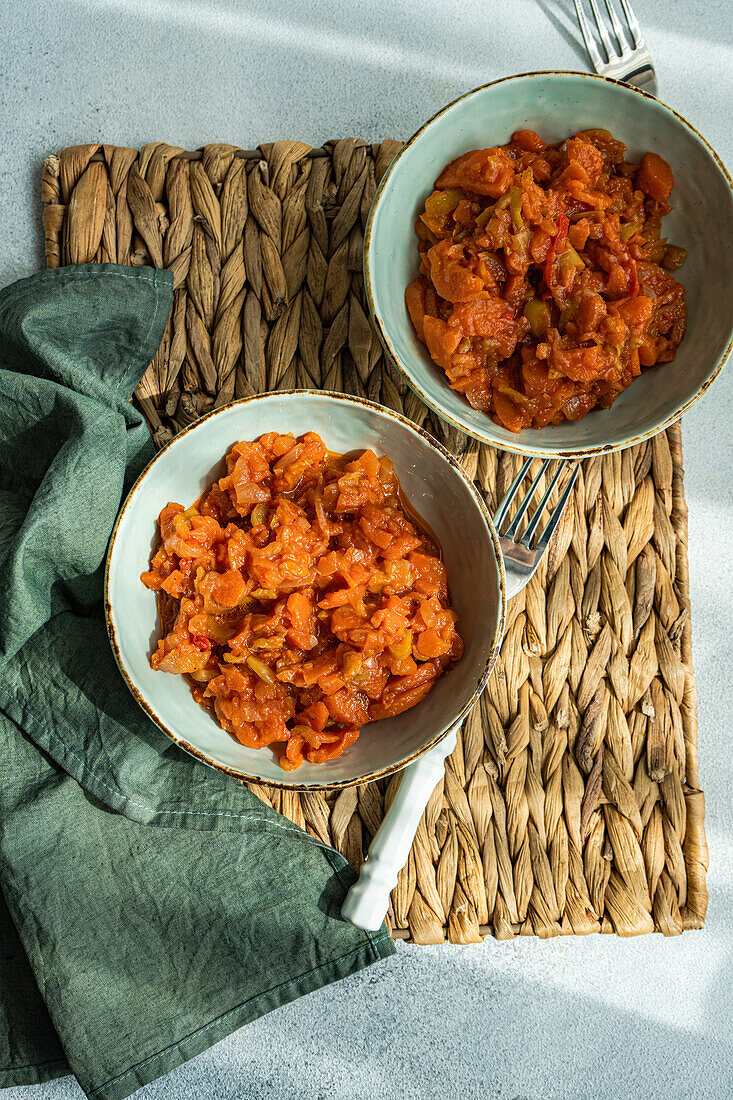 Draufsicht auf einen Gemüseeintopf aus Kartoffeln, Karotten, Paprika und Tomaten, serviert in einer Schüssel auf einem Betontisch