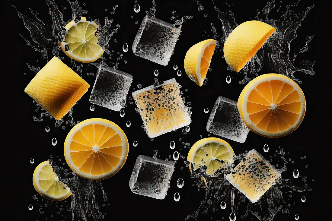 Hintergrund von schönen Fruchtscheiben auf gefrorener Oberfläche mit Wasser und schwarzem Hintergrund. Generative AI