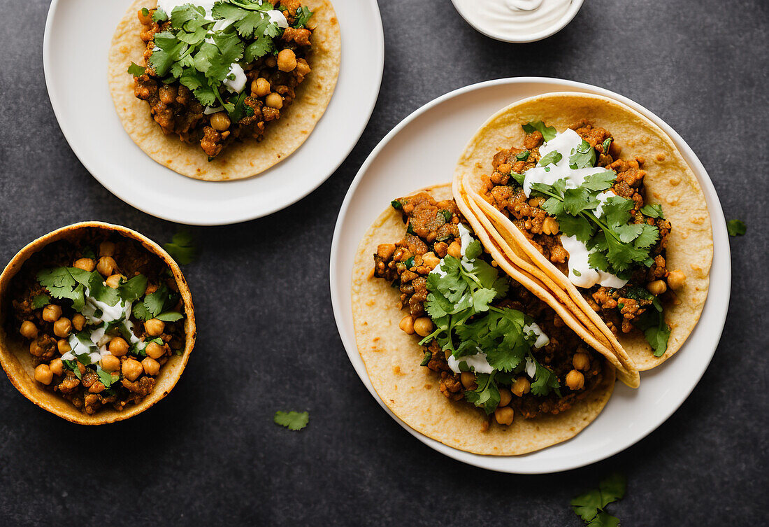 Appetizing Mexican tacos with spicy chili peppers and cilantro on plate. Generative AI