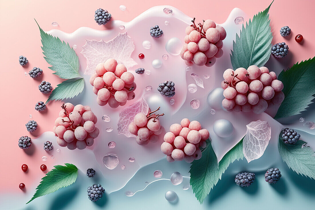 Background of beautiful berries fruit slices on frozen surface with ice shapes. Generative AI