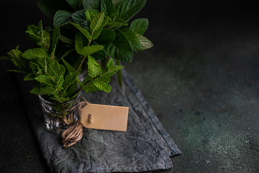 Fresh organic mint leaves ready for cooking on the kitchen table