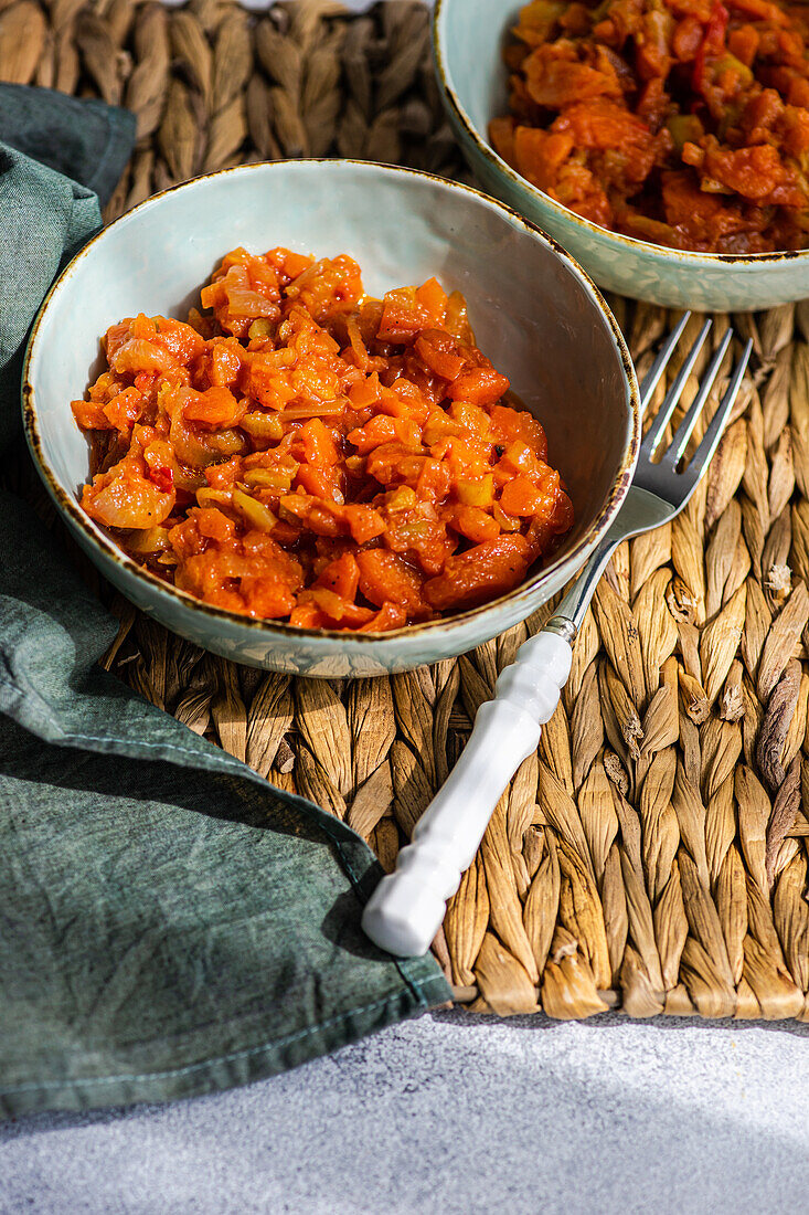 From above of vegetable stew made of potato, carrot, bell pepper, and tomatoes served in a bowl on concrete table