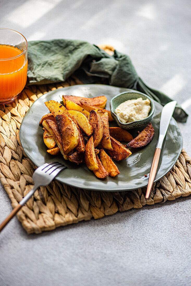 High angle of fried potato with paprika spice served with sour cream sauce on napkin with fork and knife near napkin and orange juice against gray background