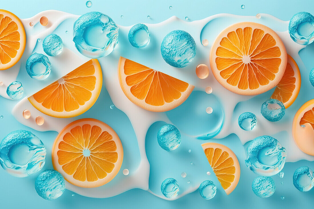 Hintergrund von schönen orangefarbenen Fruchtscheiben auf gefrorener Oberfläche mit Eisformen. Generative AI