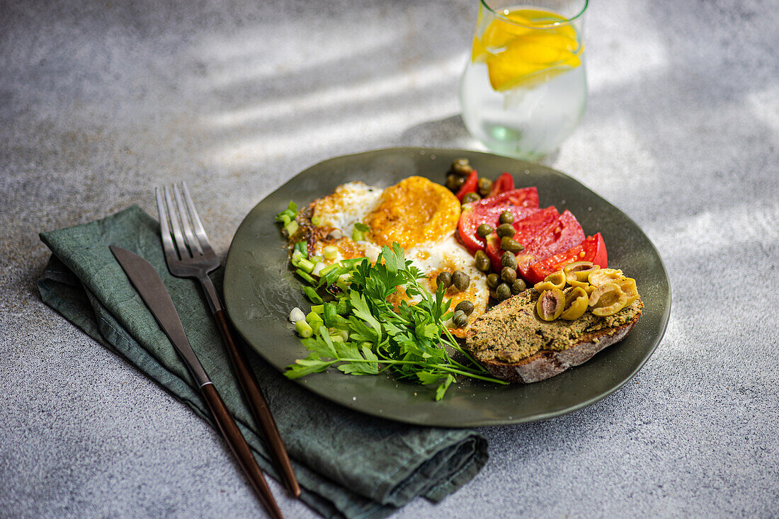 Plate with delicious healthy lunch including fried eggs with tomatoes slices, parsley, spring onion, capers served with glass of cold pure water and lemon slices