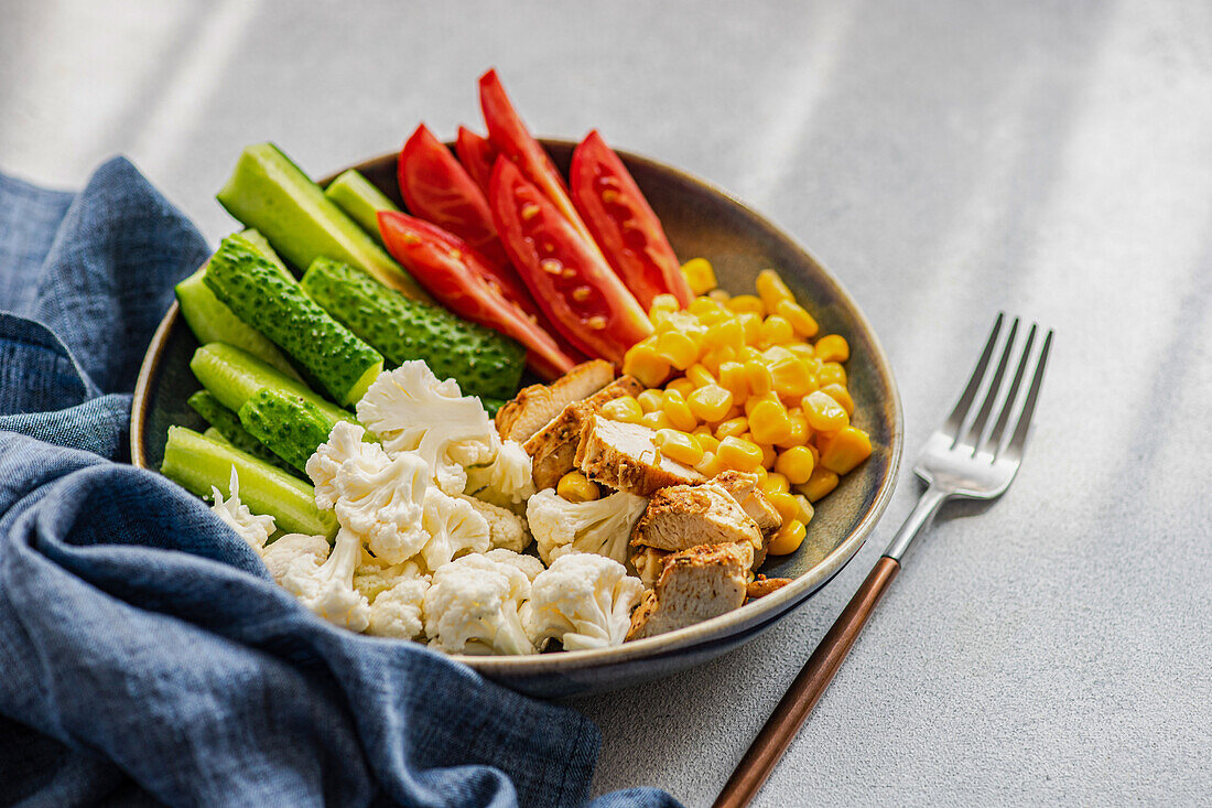 High angle of five ingredients bowl with raw organic vegetables cauliflower, tomato, cucumber, boiled sweet corn and barbeque chicken meat placed on gray surface near napkin and fork