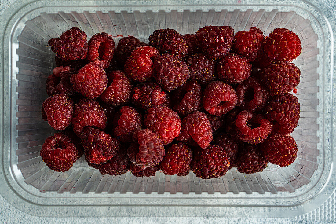 Blick von oben auf eine transparente Plastikbox mit reifen Brombeeren