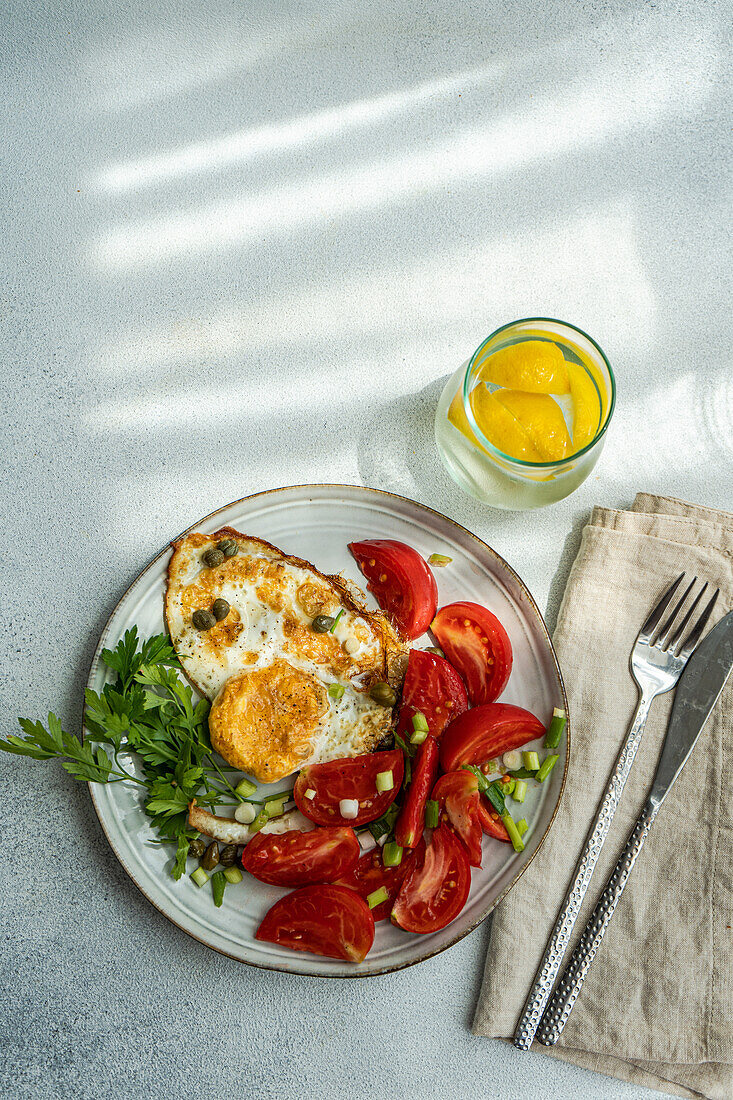 Blick von oben auf einen Teller mit einem köstlichen gesunden Mittagessen, bestehend aus Spiegeleiern mit Tomatenscheiben, Petersilie, Frühlingszwiebeln und Kapern, serviert mit einem Glas kaltem Wasser und Zitronenscheiben