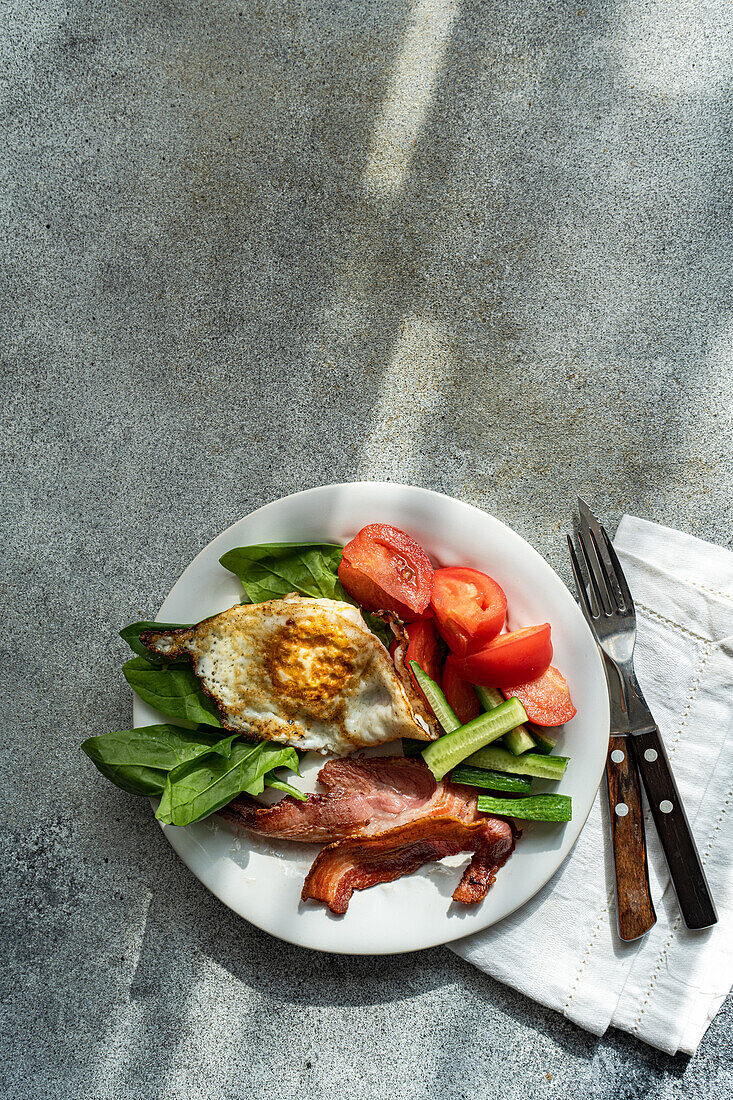 Top view of balanced breakfast arrangement on a white plate with fried egg, crispy bacon, fresh spinach leaves, sliced cucumber and wedged tomatoes served with cutlery on grey textured surface