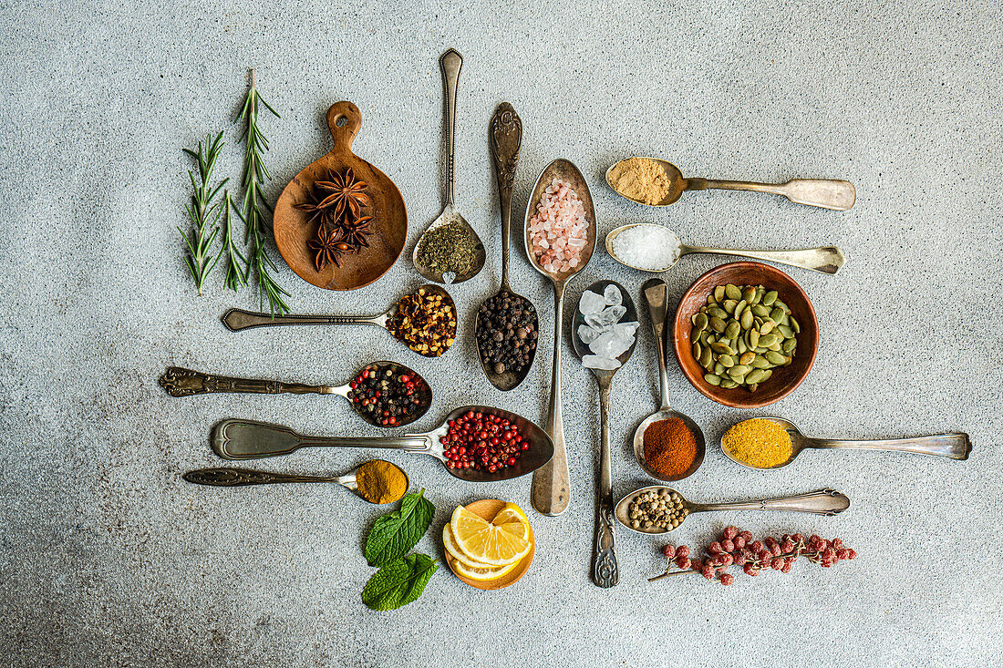 From above variety of spices and seeds, including sunflower seeds, anise stars, and rosemary, artfully arranged in spoons on a textured surface with lemon slices adding a fresh touch