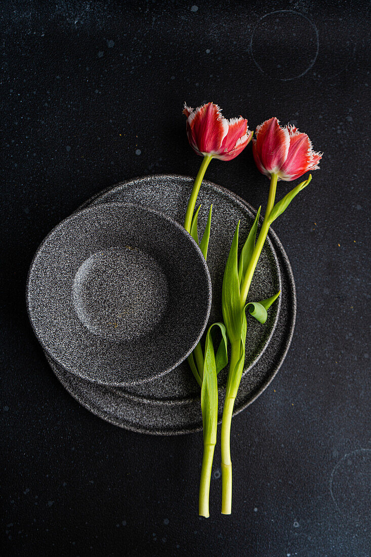 Draufsicht auf einen gedeckten Tisch mit frischen Tulpenblüten auf schwarzem Betonhintergrund