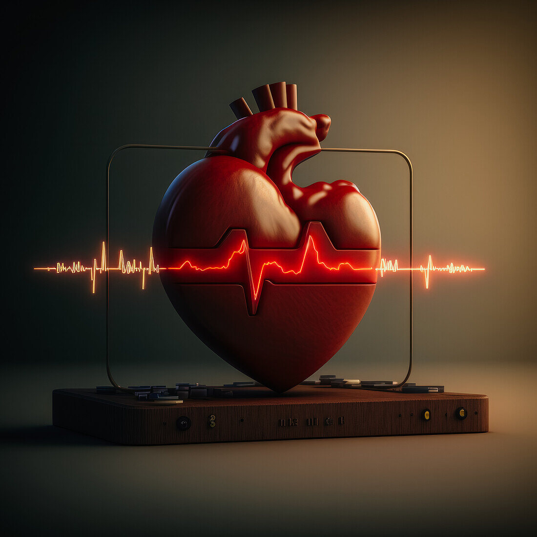 Illuminated cardiogram placed on red decorative heart on wooden board against brown background
