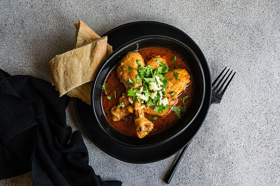 Top view of Georgian dish Chakhokhbili is stewed chicken meat in tomato sauce with spices and herbs served on black plate with some bread on gray table near fork and napkin against gray background