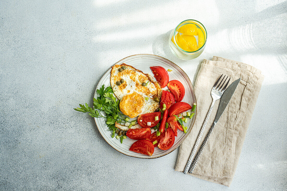 Top view of plate with delicious healthy lunch including fried eggs with tomatoes slices, parsley, spring onion, capers served with glass of cold pure water and lemon slices