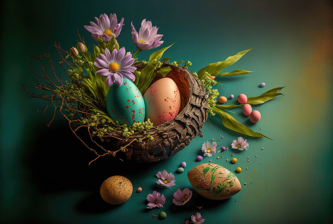 From above composition of different colorful eggs and flowers on wooden nest on green background