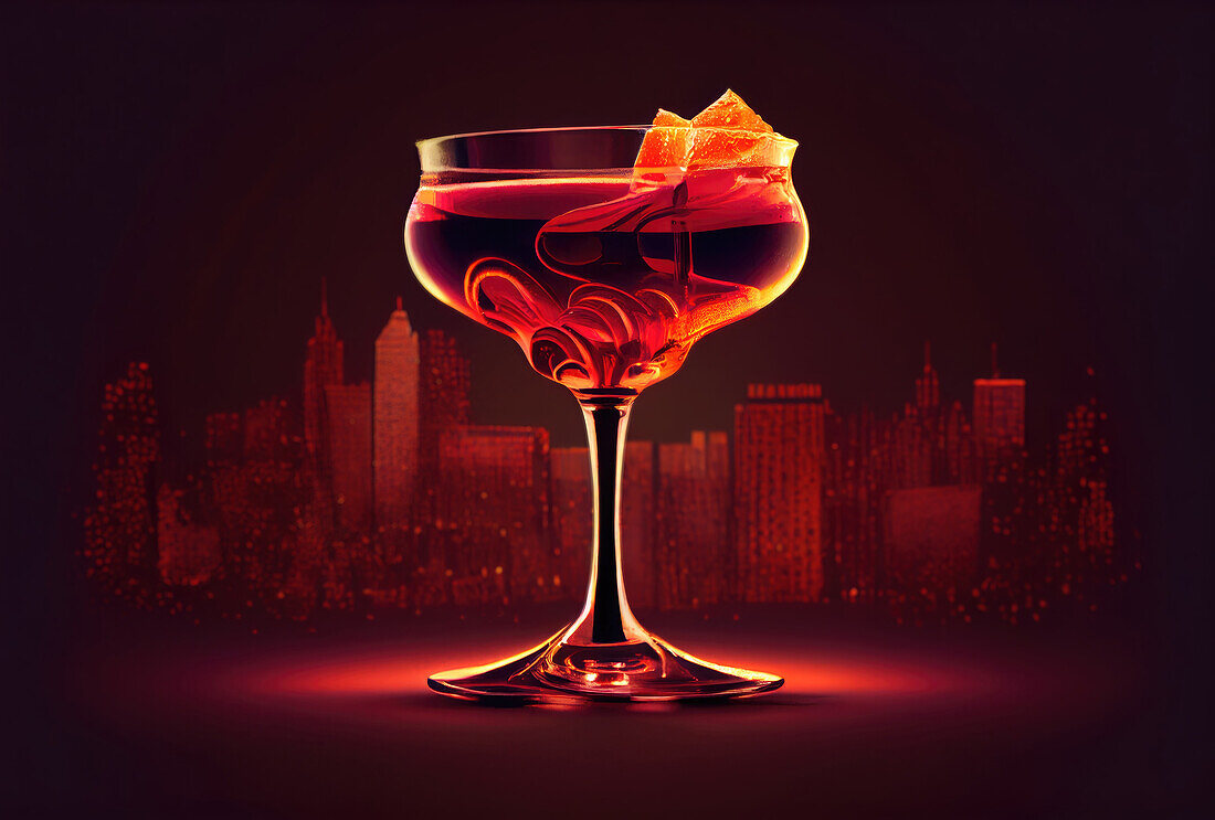 Generative AI illustration of glass with decorated Manhattan cocktail illuminated with red light on background of modern city in darkness