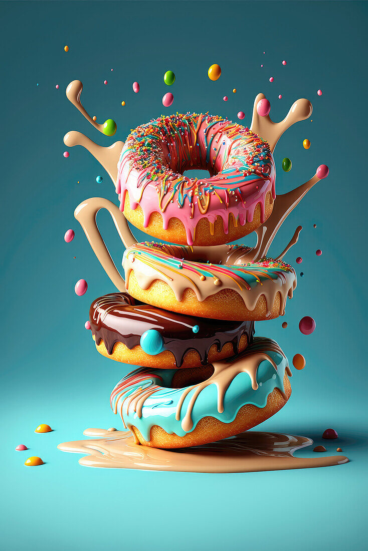 Generative AI illustration of appetizing different colored donuts with splashing glaze and colorful balls levitating on blue background
