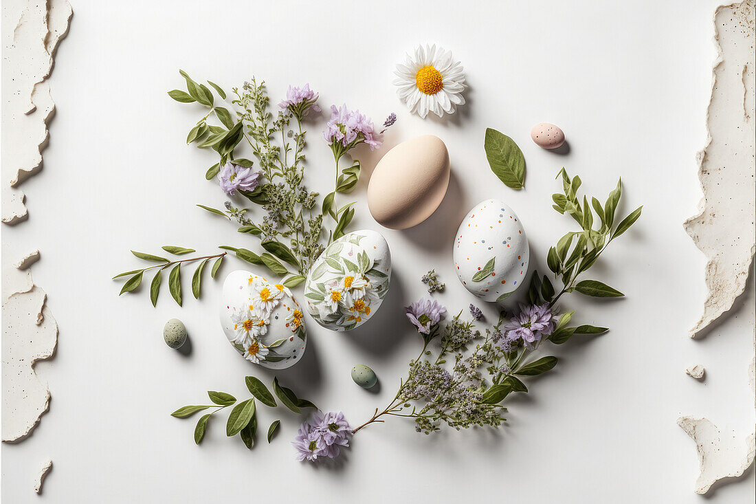 Von oben Komposition von verschiedenen bunten Eiern und Blumen auf weißem Hintergrund