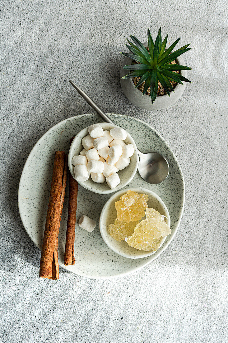 Kunstvolles Arrangement aus Zimtstangen, flauschigen Marshmallows und kristallinem Kandiszucker, begleitet von einer kleinen Topfpflanze