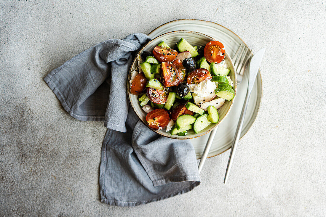 Draufsicht auf Keramikschüssel mit leckerem gesundem Salat und Gemüse mit Gurken- und Tomatenscheiben, Besteck und Stoff auf grauem Tisch