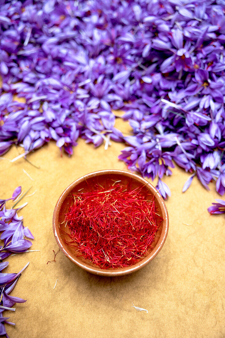 Von oben Tonschale gefüllt mit zarten roten Safranfäden auf Holztisch inmitten violetter Blütenblätter, die den Kontrast und das Endprodukt der Ernte hervorheben