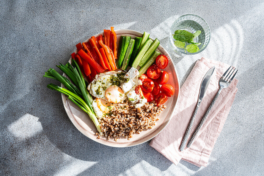 Breakfast plate with sliced cherry tomatoes, mini cucumbers, green onions, red bell pepper strips, crumbled feta cheese, a portion of boiled buckwheat, and fried eggs drizzled with pesto sauce.