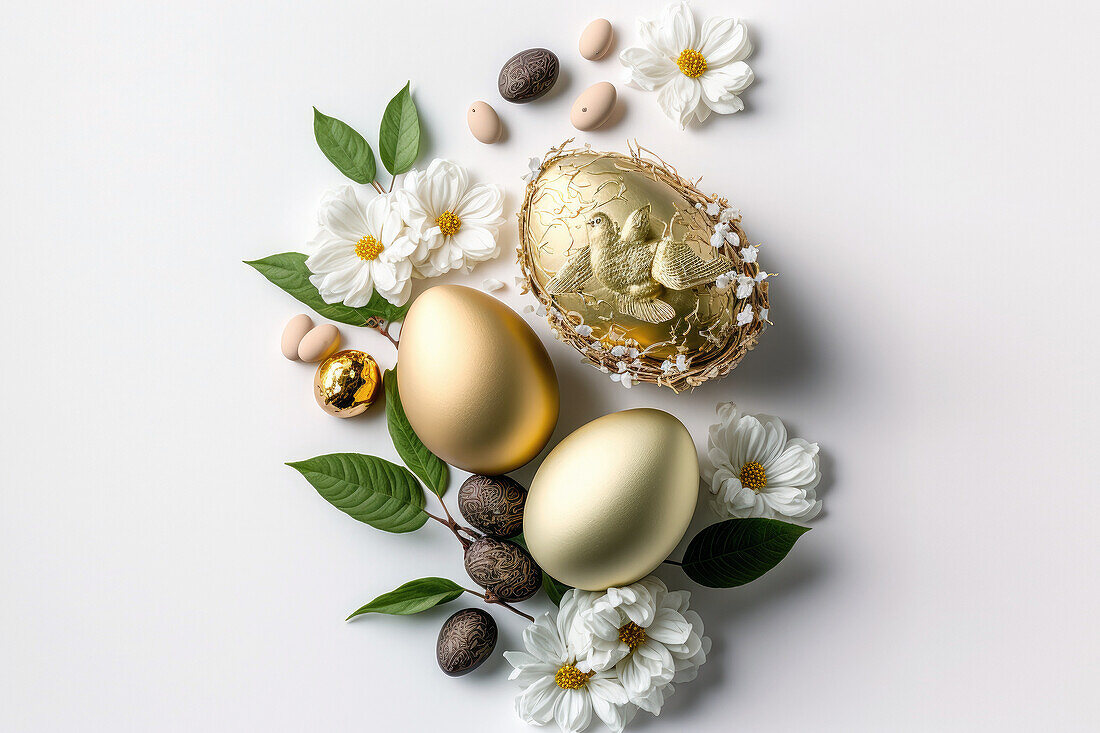 Von oben Komposition aus verschiedenen bunten goldenen Eiern und Blumen auf Schale auf weißem Hintergrund