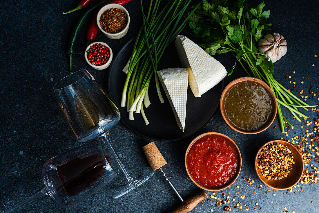 Traditional Georgian food concept with spices, sauces and wines on dark concrete table