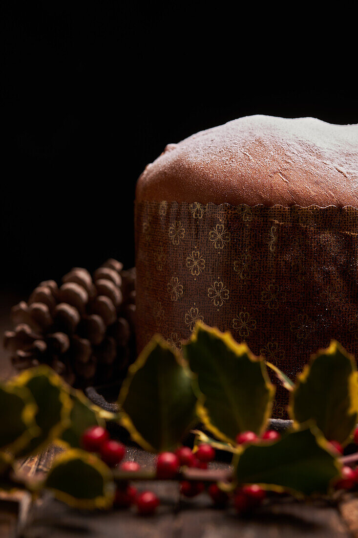 A close-up view of a traditional panettone top, showcasing its textured surface with a gentle sprinkle of icing sugar, highlighting its artisanal quality