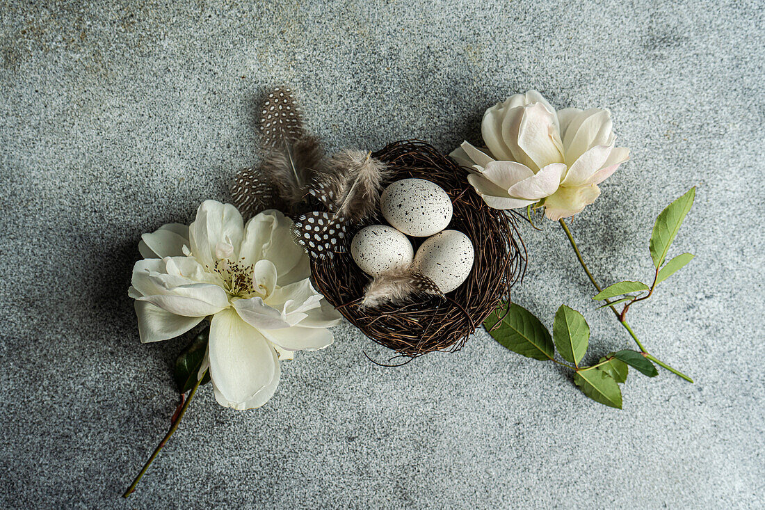 Draufsicht auf Osterkarte Konzept mit Nest voller Eier und weiße Rose Blumen auf Beton Hintergrund