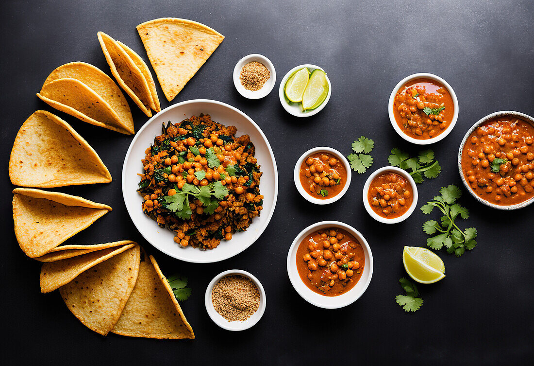 Draufsicht auf servierte Tortilla-Taco-Schalen und Schale mit leckerem Fleisch und Kichererbsen zum Füllen zusammen mit Limette und Gewürzen auf schwarzem Hintergrund. Generative AI
