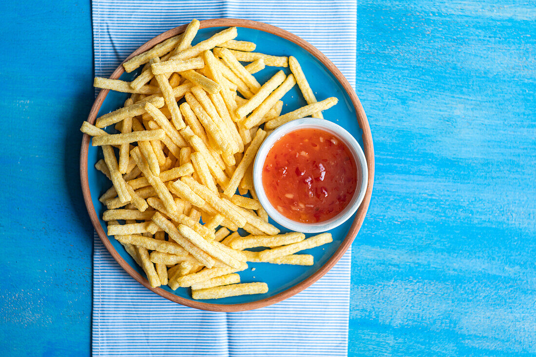 Blick von oben auf einen Keramikteller mit Pommes frites und einer Schale mit süß-saurer Soße auf einer gestreiften Serviette vor blauem Hintergrund